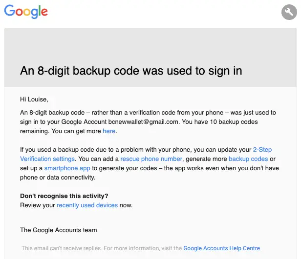 Gmail 8 Digit Back Up Code to restore account