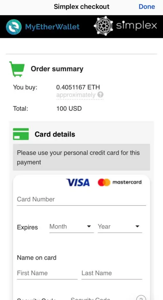 Buy Ethereum with Credit Card on MEWconnect