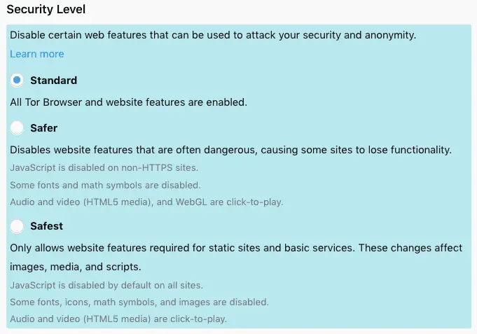 How to set Tor Security Settings