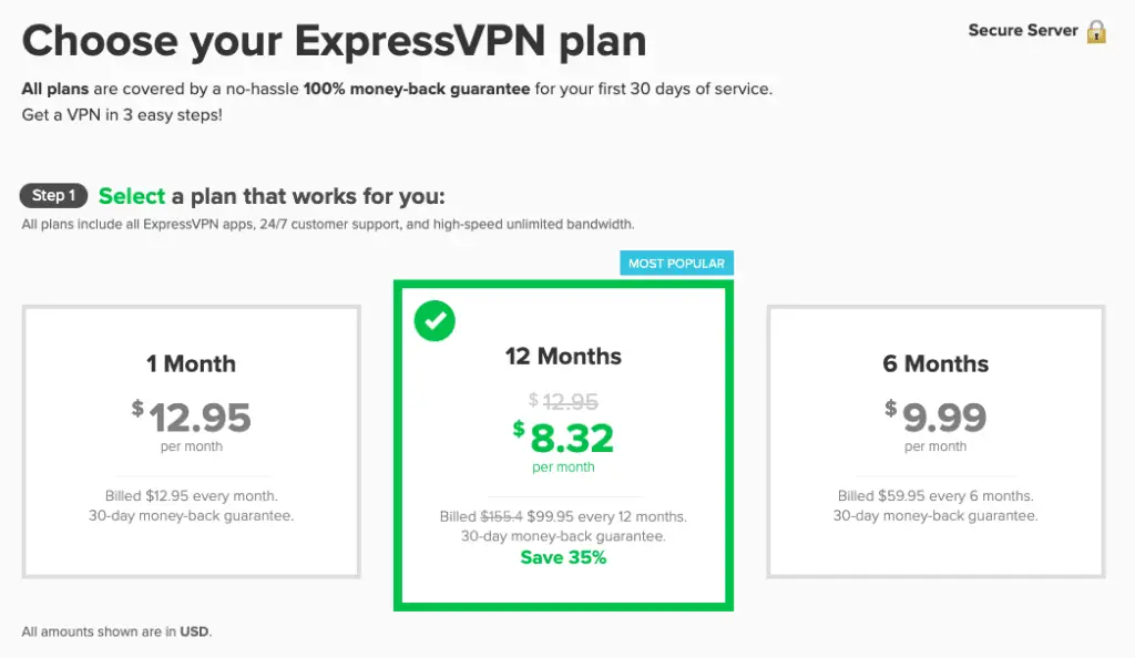 ExpressVPN Payment Plans, ExpressVPN offers 100% money back guarantee