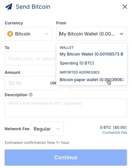 Send BTC from Paper Wallet