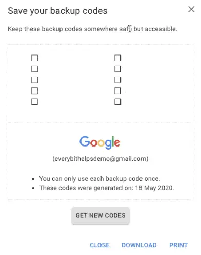 Google Back up codes