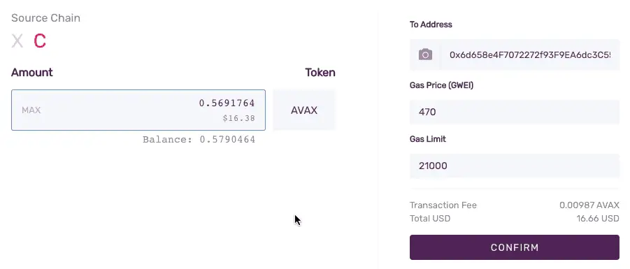 send funds from Avalanche wallet
