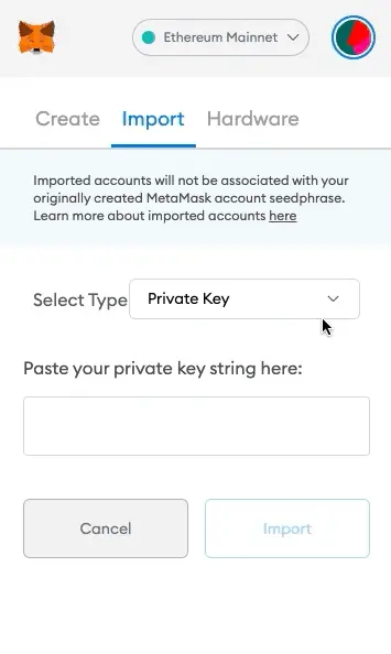 import your private keys metamask