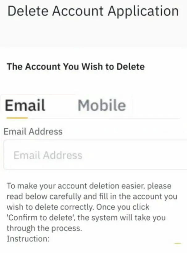 Binance Delete Account Application