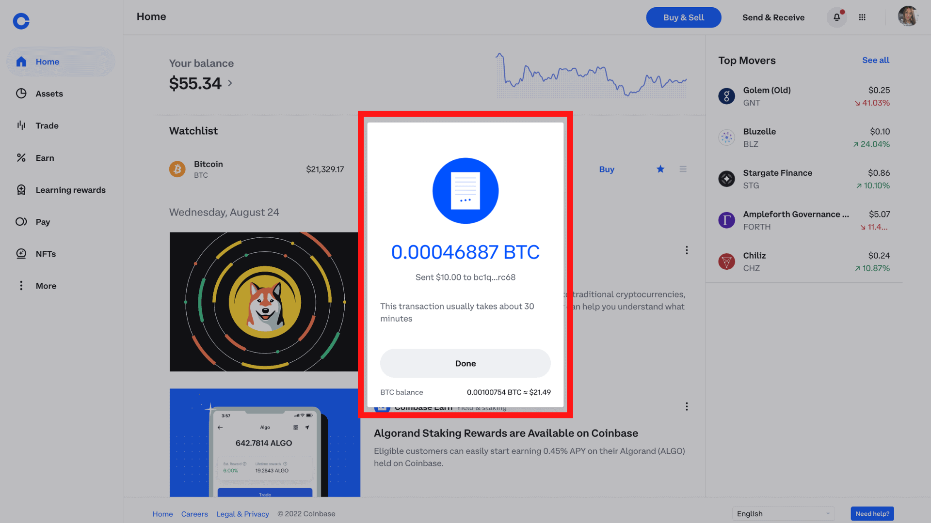 withdrawing from Coinbase has been complete