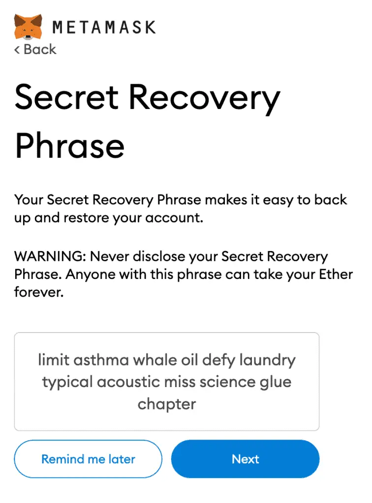 Secure your MetaMask Secret Recovery Phrase