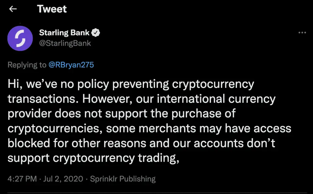 Starling Bank Cryptocurrency Tweet
