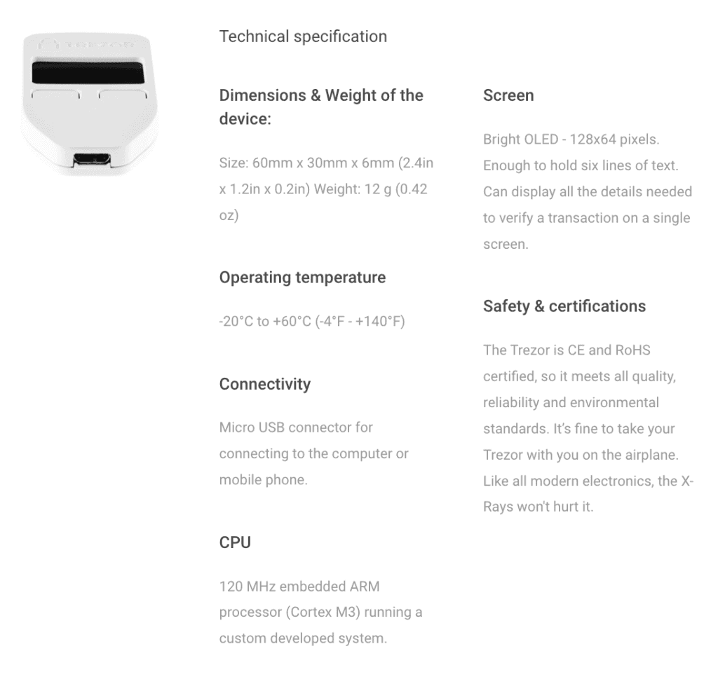 Trezor One Specifications  