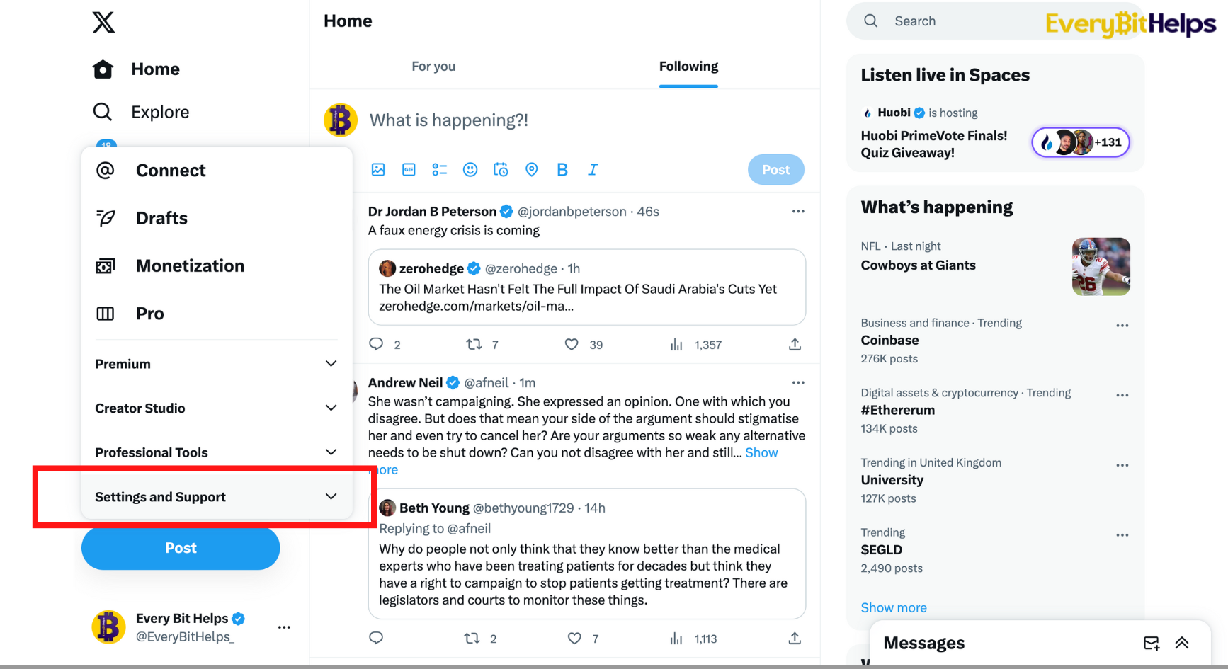 Changing Twitter Username: Step 2 Go to Settings & Support