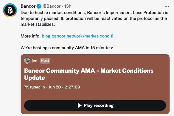 Bancor Impermanent Loss Protection is temporarily paused