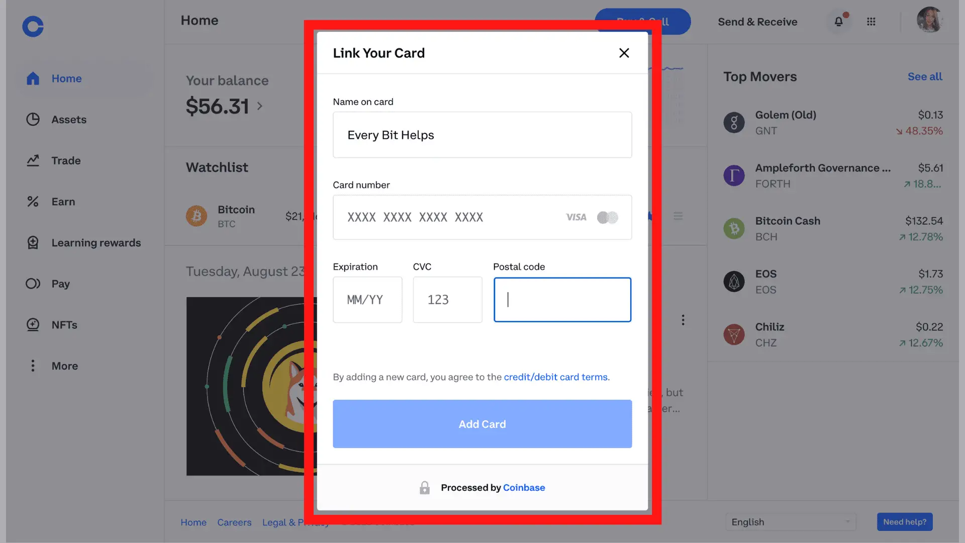 Link new card to Coinbase