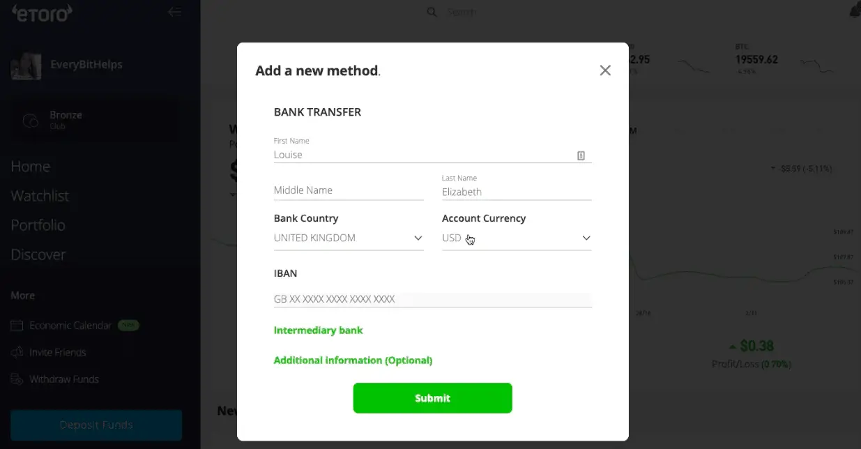 Cash out to a bank account eToro