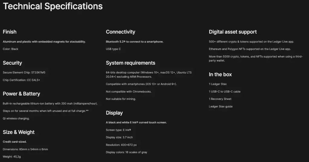 Ledger Stax Technical Specifications