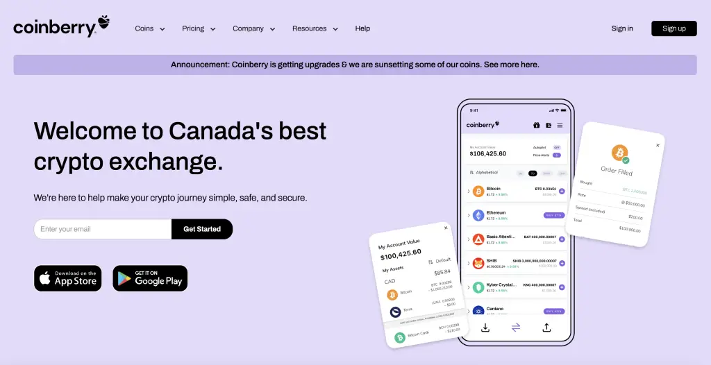 Coinberry crypto home page 
