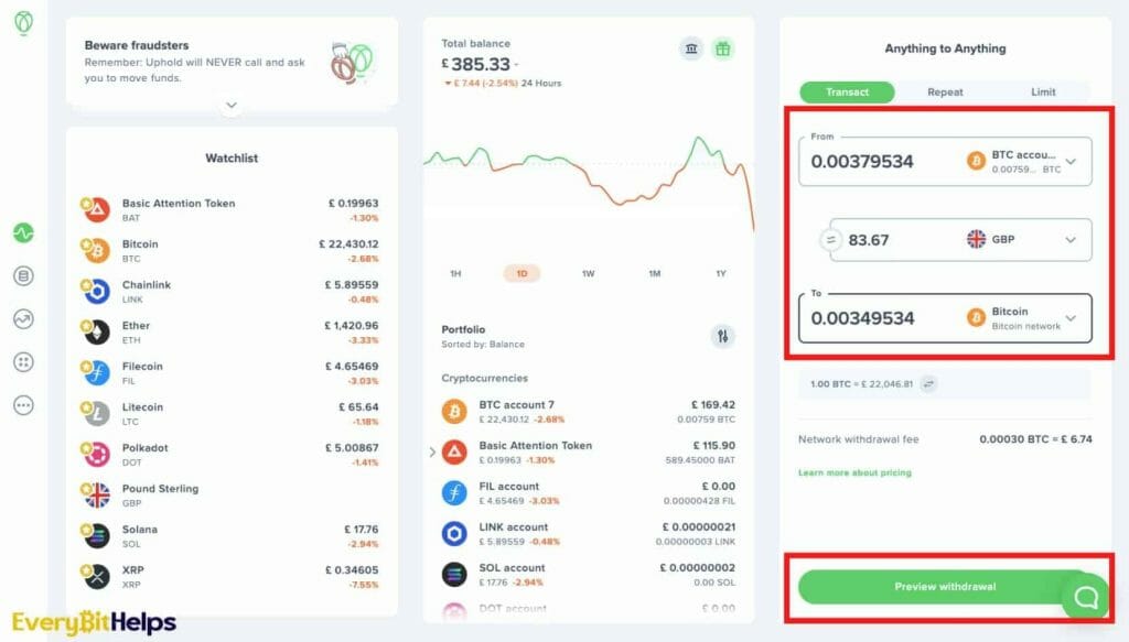 withdrawing crypto from uphold