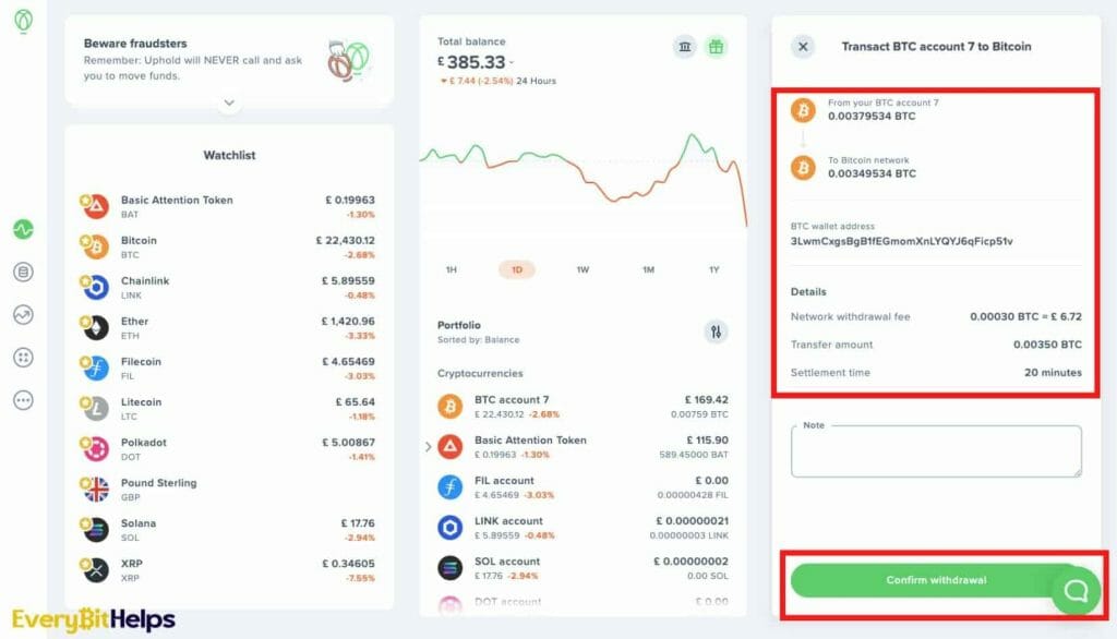 withdrawing crypto from uphold