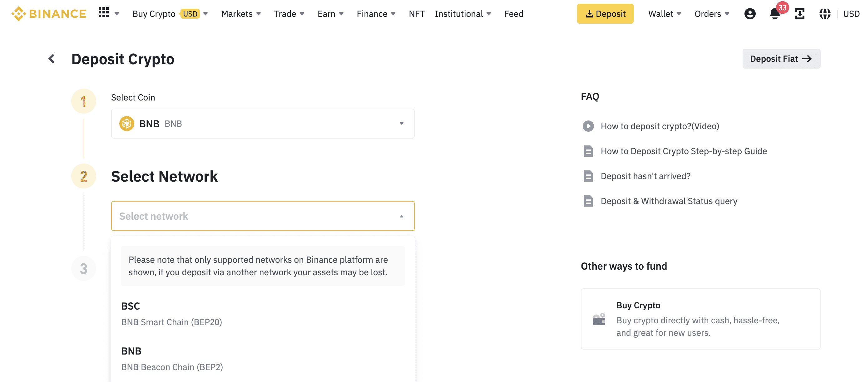 Select the network for the cryptocurrency