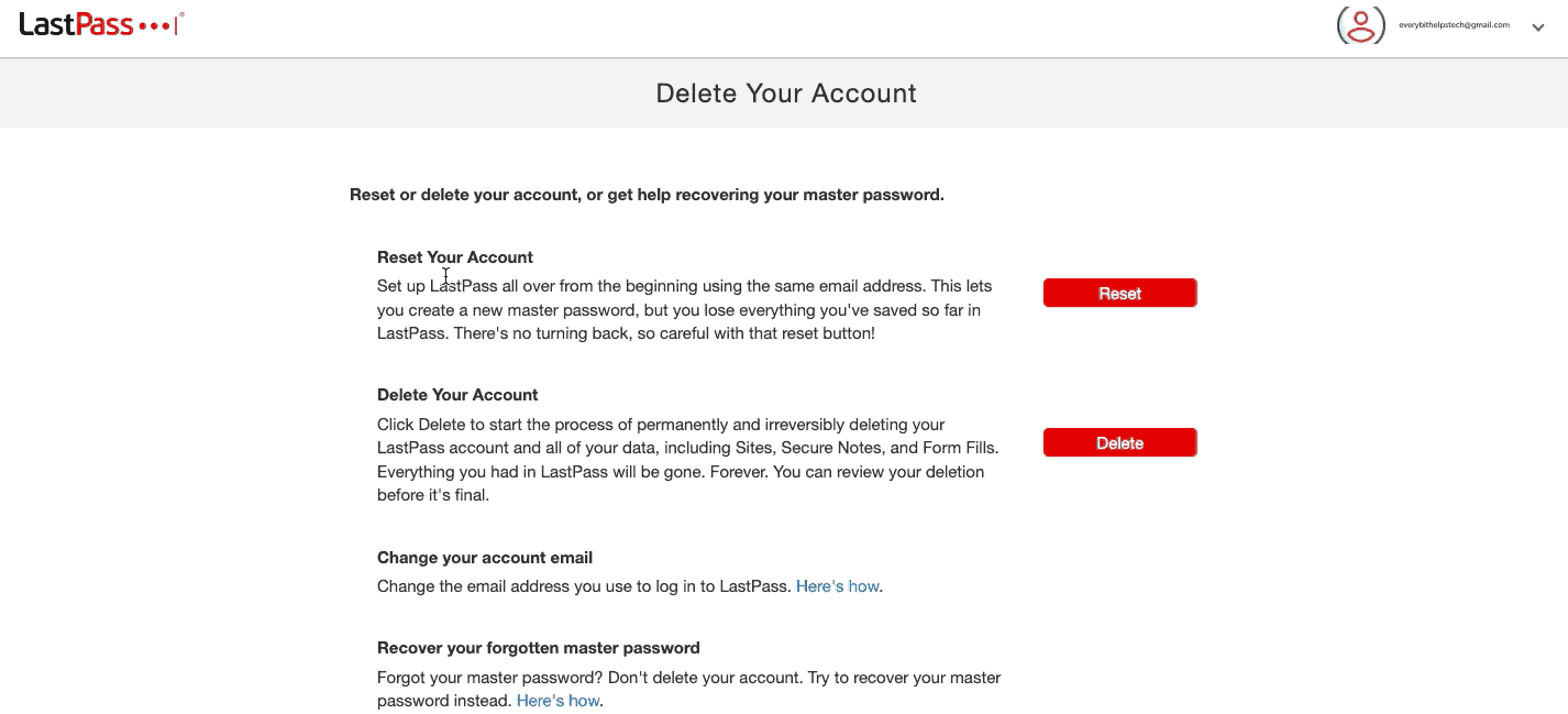 LastPass delete account